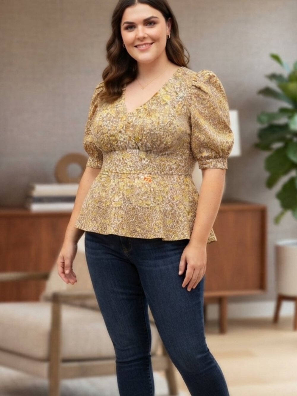J.Crew Puff Sleeve Blouse Yellow Floral Peplum 16 Countryside Rustic Boho Summer